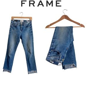 Frame Le Boy Cropped Blue Jeans Shiloh Mid Rise High Low Frayed Hem Preppy 25